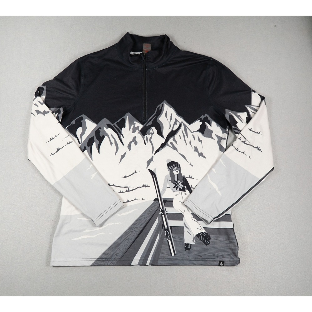 Krimson Klover Womens Base Layer Quarter Zip Mountain Graphic Top Black Gray L